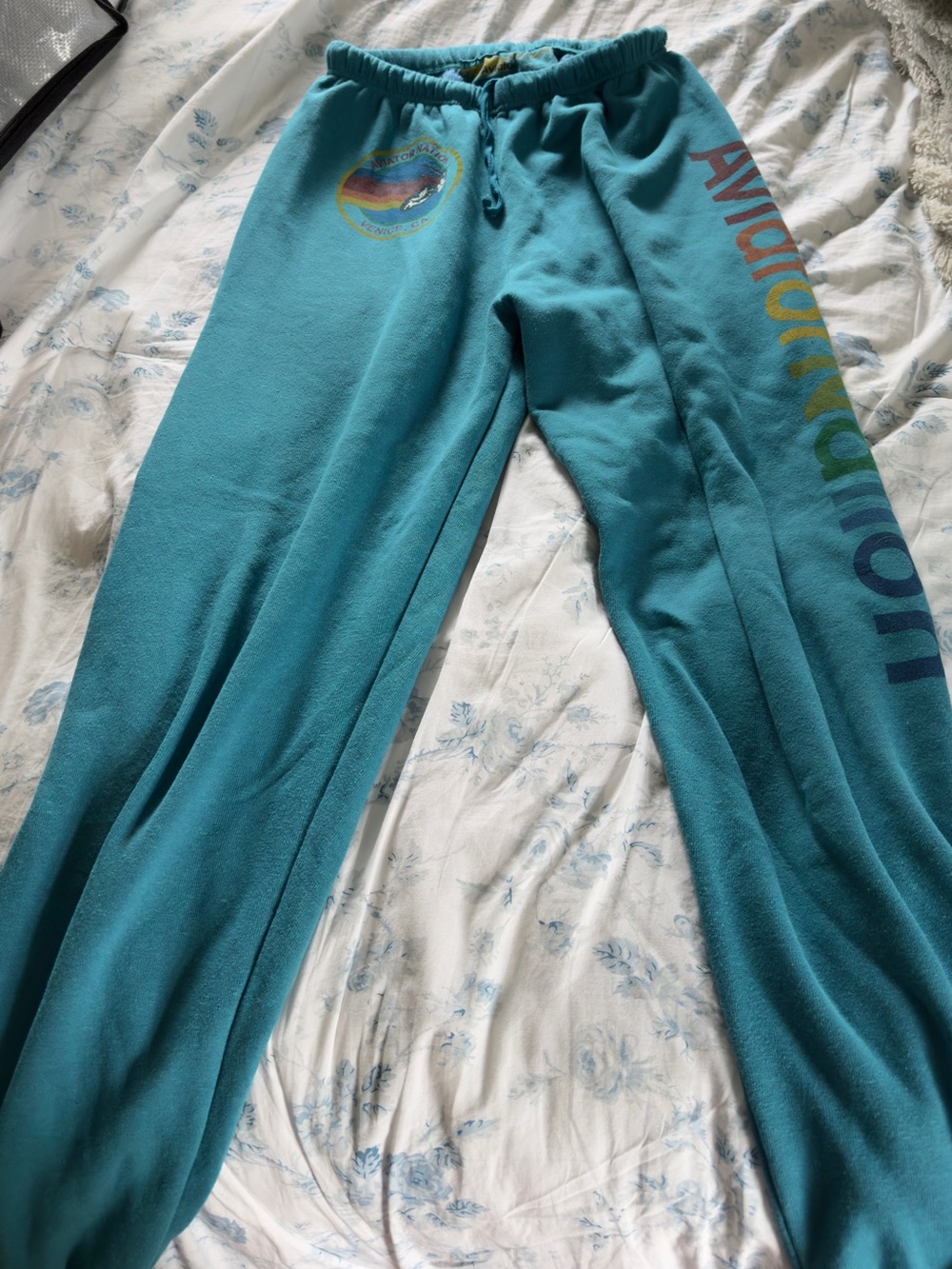 Aviator Nation Teal Sweatpants with Rainbow Logo